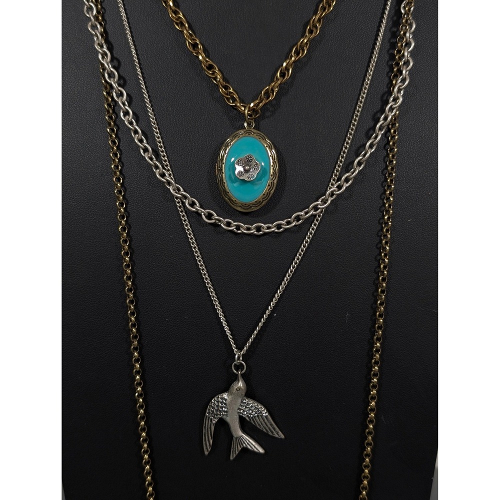 Two Tone Layered Necklace Bird Charm Blue Enamel Locket Distressed 22in‎
